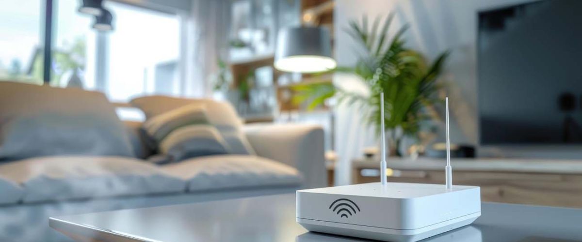 A white wifi router placed on a table in a cozy living room setting. 