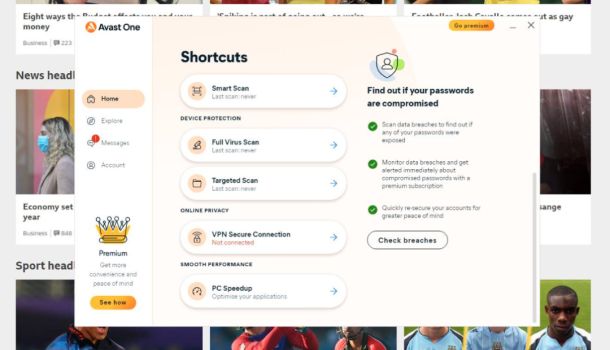 Avast One software showcasing different types of options for their service