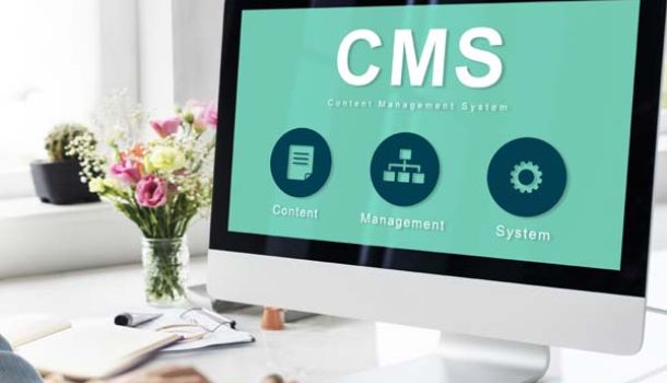 Person typing on a laptop, illustrating  a CMS 
