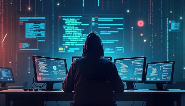 A hooded person sits at a desk facing multiple computer monitors displaying lines of code and software dashboards.