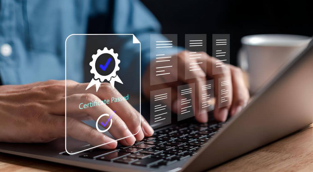 Person typing on a laptop with a digital overlay displaying a "Certificate Passed" badge and floating document icons, representing online certification, compliance, or digital training completion.