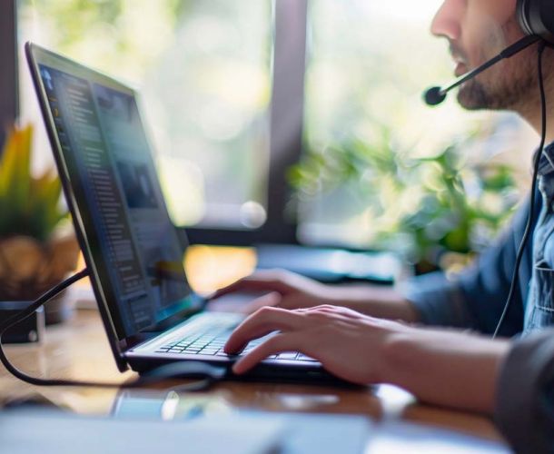 A person focused on typing on a laptop computer, with hands positioned over the keyboard.  