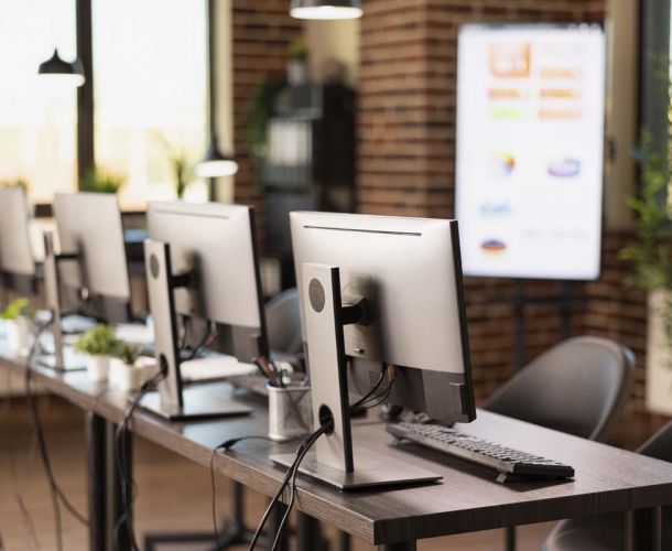 A row of desktop computers arranged neatly in a modern office environment. 