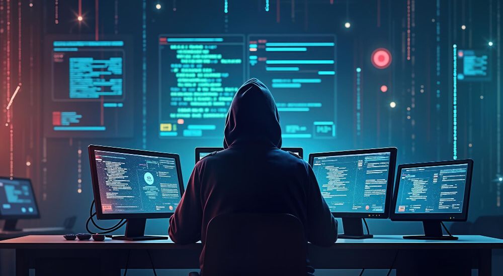 A hooded person sits at a desk facing multiple computer monitors displaying lines of code and software dashboards.